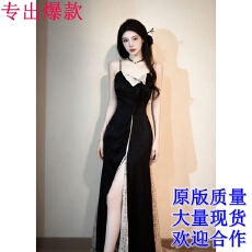 批发2026新款书法翻边吊带裙新中式开衩连衣裙女复古日常显瘦气质长裙