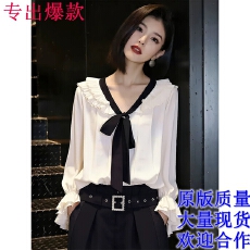 批发蝴蝶结风白色<b class='q'>长袖</b>衬衫女装春季2026新款荷叶边系带设计感上衣宽松