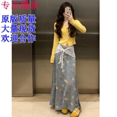 批发一整套ootd穿搭韩系小香风黄色针织开衫蓝色印花<b class='q'>半身裙</b>套装女春季