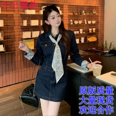 批发Huangzuozuo佐佐家小个子拼接格纹袖翻领牛仔连衣裙春夏季女裙子