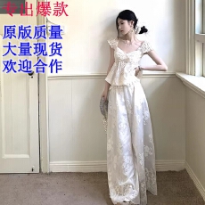 批发WalkinDark南法假日天丝<b class='q'>套装</b>吊带短袖小上衣宽松绣花阔腿裤