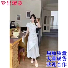 批发复古新中式旗袍<b class='q'>连衣裙</b>女夏季提花网纱盘扣拼接设计超仙气绝美长裙