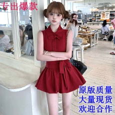 批发迟伞伞25ss 赤色花夜 车厘子红兔耳衬衫领系带<b class='q'>花苞</b>连衣<b class='q'>裙</b>