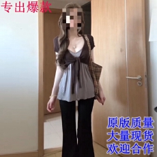 批发辣妹咖色绑带v领短袖针织开衫女夏季<b class='q'>套装</b>内搭吊带背心上衣两件套