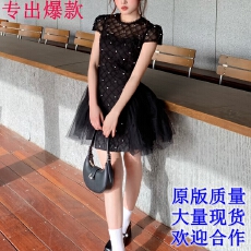 批发小香财阀千金法式赫本风<b class='q'>连衣裙</b>钉珠网纱夏季纯欲名媛a字裙子