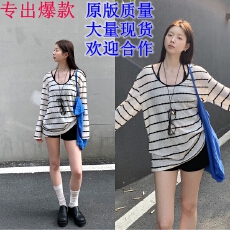 批发红人馆防晒罩衫女2026新款夏季穿搭超火减龄长袖t恤条纹针织上衣