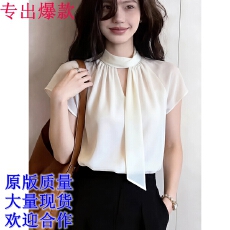 批发法式轻熟优雅风<b class='q'>白色</b>飘带<b class='q'>衬衫</b>女夏季新款短袖通勤百搭显瘦气质上衣