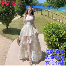 批发SISI JIANG“月影琉璃”法式优雅收腰度假网纱提花气质挂脖<b class='q'>长裙</b>