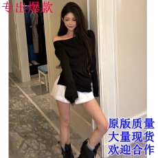 批发21DEGREES黑色拉肩长袖上衣白色<b class='q'>蕾丝</b>刺绣<b class='q'>短裤</b>套装