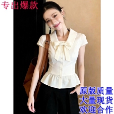 批发韩系<b class='q'>通勤</b>蝴蝶结修身短袖衬衫2026夏季新款甜美显白减龄收腰上衣