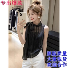 批发<b class='q'>韩版</b>气质格纹无袖背心衬衫上衣2026夏季新款时尚蝴蝶结小衫衬衣女