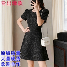 批发法式立体<b class='q'>提花</b><b class='q'>连衣裙</b>女小个子夏季新款收腰显瘦气质休闲小黑裙子