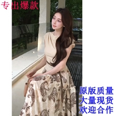 批发塞纳河畔法式优雅轻奢收腰短袖上衣+经典佩<b class='q'>斯</b>利印花半身