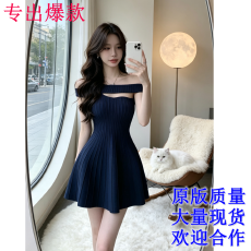 批发2026爆款古早千金斜领半边吊带两穿针织<b class='q'>连衣裙</b>显瘦仙女短裙