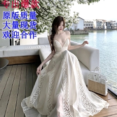 批发kubiliv白栀茉莉法式蕾丝刺绣V领吊带连衣裙收腰显瘦大摆长裙