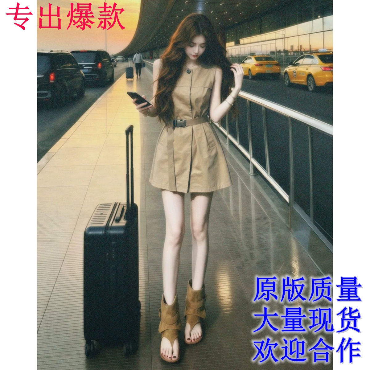 프랑스식 레트로 카키 색 조끼 여성 드레스 여름 2026 새로운 자이언트 잘 생긴 허리 수축 한 마디 워크웨어 미니 스커트