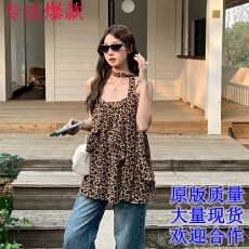 批发甜酷辣妹豹纹飘带背心吊带女装夏季设计感复古荷叶边宽松无袖上衣