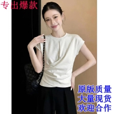批发大码圆领正肩白色T恤女夏季胖mm遮肉显瘦设计感巨好看的短袖上衣