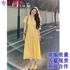 批发大码胖MM夏季少女感减龄黄色收腰长裙女韩版时尚遮肉显瘦<b class='q'>连衣裙</b>