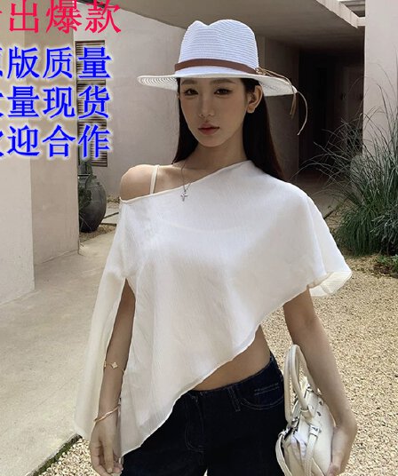 레드 맨 파빌리온 자외선 차단 블라우스 여성 2026 새로운 여름 착용 가져 가라. 화이트 티셔츠 고유 한 아름다운 오프숄더 비스듬한 어깨 의류