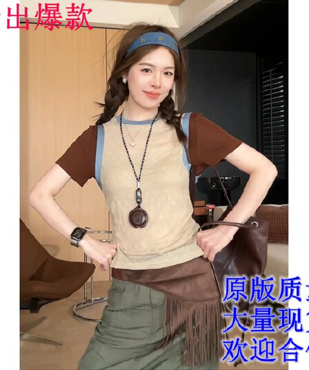 여름 작은 대중 디자인 센스 미니멀리즘 패치워크 배색 페이크 레이어드 반팔 T