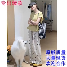 批发套装夏女2026新款休闲宽松圆领短袖衬衫韩系<b class='q'>复古</b>波点阔腿裤两件套