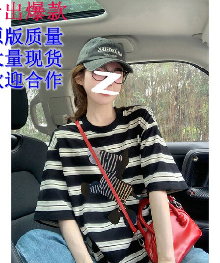 정가 원본 원단 이후 패키지 칼라 자수 스트라이프 반팔 티셔츠 여성 새로운 여름 아메리칸 레트로