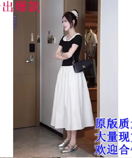 한 부서 chic Chic 투피스 세트 품격 연령 감소 베이비 칼라 반팔 티셔츠 여성 표지 넓적 다리 하이웨이스트 반신 치마 세트