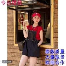 批发简约显瘦休闲百搭短袖T恤上衣遮肉宽松复古背带阔腿裤<b class='q'>连体裤</b>套装