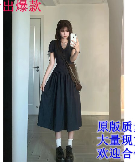 callmeear 밤 바다 시나 바르 레이스 V넥 반팔 드레스 여름 롱 코트 A라인 스커트