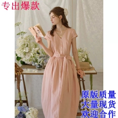 SimpleRetro半束春光 法式天丝绑带收腰短袖连衣裙女夏气质长裙子