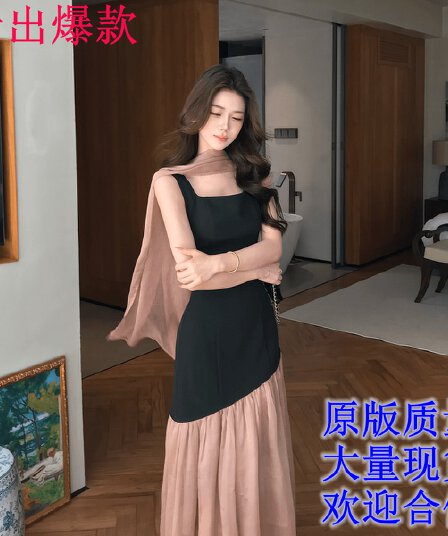 무쯔리 목자이 ~ 중 리 黛 분말 잉 어깨 디자인 센스 니트 패치워크 쉬폰 드레스 민소매 광장 칼라 인어 꼬리 롱 스커트