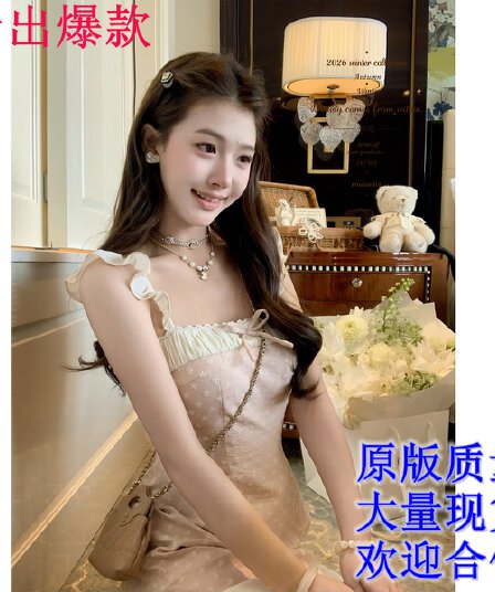 원본 원료 선적 자수 살구 분말 배색 슬림해 보이는 레이스 칼라 나비 매듭 드레스
