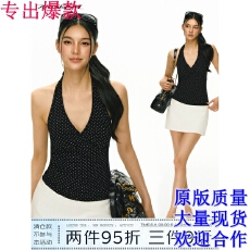 批发Ariseism 美式复古黑色满印波点印花挂脖背心女夏季新款上衣