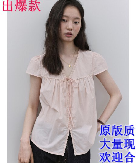 핑크색 V넥 레이스 플리츠 여성 셔츠 여름 새로운 레이스업 달콤함 순면 맨위