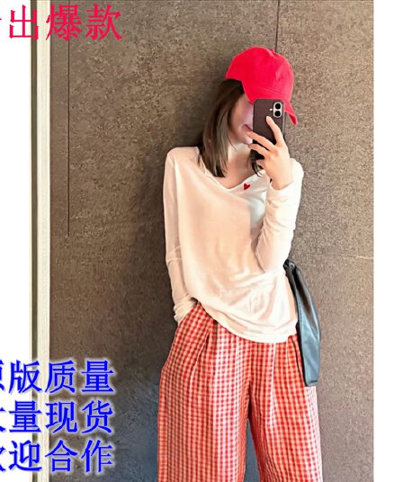 하나씩 복숭아 심장 t 자수 라이 경기 서울 혼방 26 여름 섹션 V넥 긴팔 티셔츠