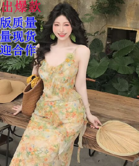 맑은 야생화 리플 프랑스식 레트로 디자인 센스 요정 가스 품격 슬림해 보이는 하이웨이스트 여름 신제품 슬립 드레스