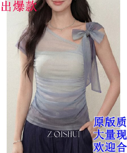 장 소다 2026 여름 새로운 보라색 자이언트 잘 생긴 반팔 티셔츠 여성 디자인 센스 홀로우 아웃 허리 수축 품격 맨위