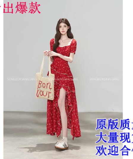마츠모토 애도 애도 프랑스식 빨간색 도트 무늬 여성 드레스 여름 반팔 허리 수축 트임 롱 스커트 휴가 바람 슬림해 보이는 치마