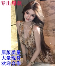 批发FAY鎏金<b class='q'>豹纹</b>纯欲性感V领收腰金丝显瘦无袖<b class='q'>连衣裙</b>