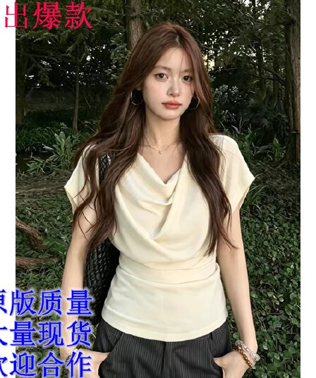 프랑스식 품격 화이트 흔들다 칼라 반팔 티셔츠 여성 여름 2026 새로운 작은 키 허리 수축 슬림해 보이는 다용도 맨위