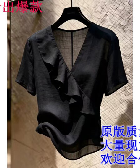 프랑스식 지성 검정색 프릴 반팔 쉬폰 작은 셔츠 여성 여름 새로운 얇고 가벼운 도루 센스 품격 우아함 맨위