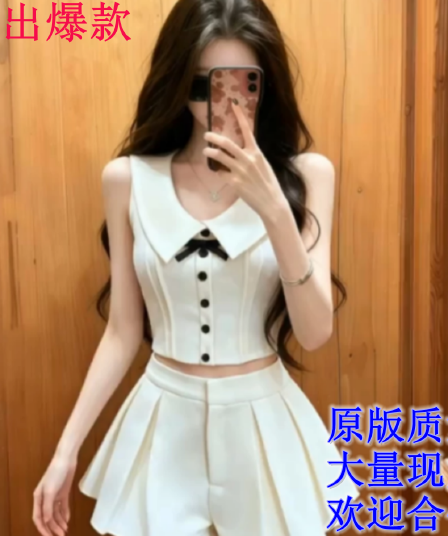 프랑스식 천 금빛 바람 세트 여성 여름 새로운 품격 폴로 칼라 나비 매듭 민소매 조끼 하이웨이스트 미니 스커트 투피스 세트