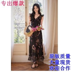 批发黑色荷叶领中长款植物花卉小众设计感连衣裙女夏季度假长裙