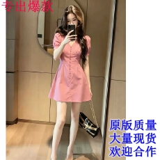 批发法式清新风时尚甜美粉色收腰连衣裙女高级感优雅拼接显瘦气质裙子