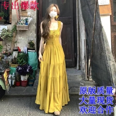批发青山映高级感手工钩织花连衣裙女夏短袖通勤气质长裙