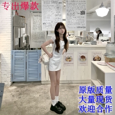 批发Lukira长岛香茉莉白色荷叶边短袖收腰连衣裙女春夏a字短裙