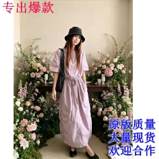 批发Lem风极简撞色松紧抽绳伞兵花苞连衣裙
