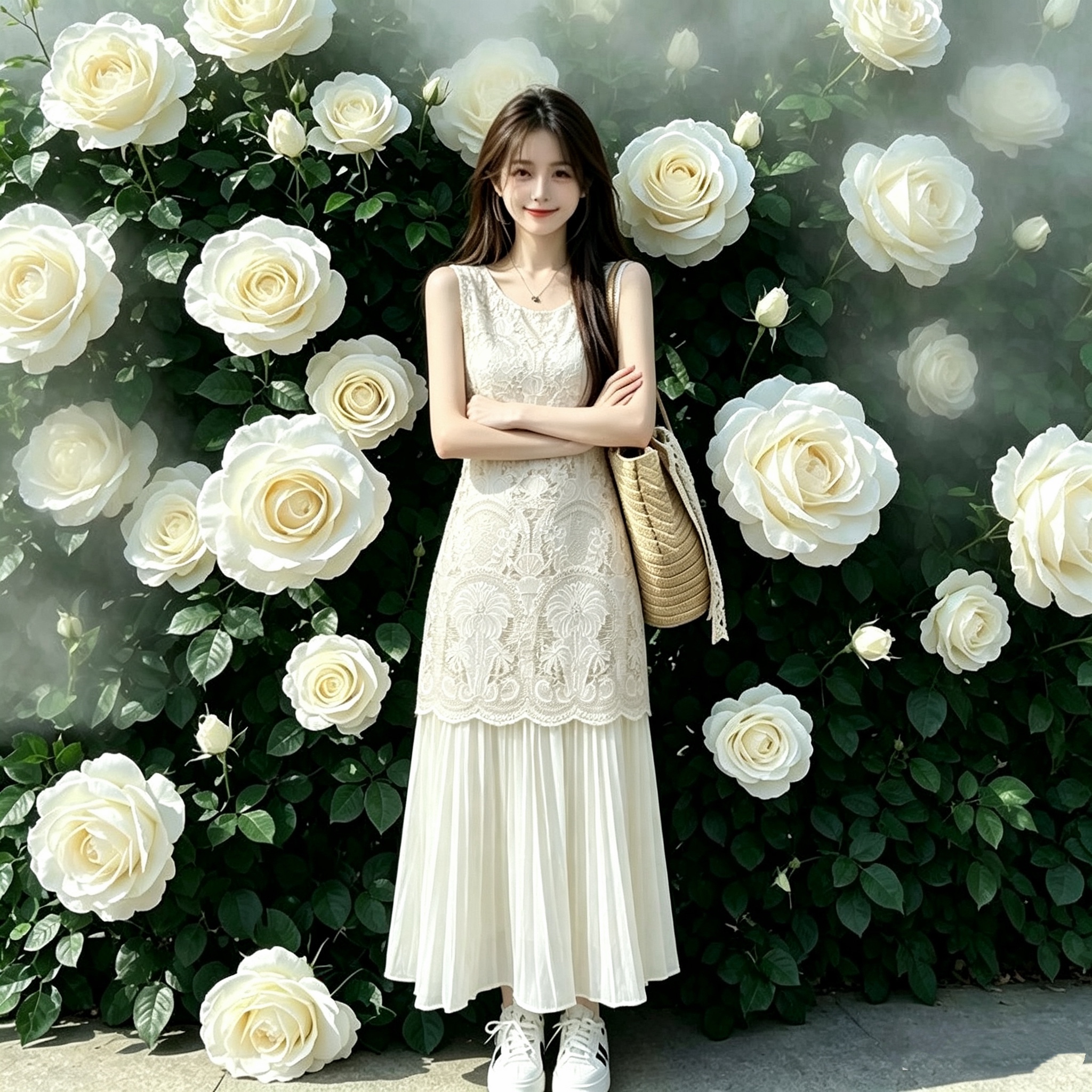 고급 센스 프랑스식 레트로 무거운 작업 홀로우 아웃 페이크 레이어드 플리츠 민소매 조끼 여성 드레스 품격 롱 스커트 여름