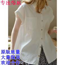 批发法式贴布口袋翻领短袖衬衫女<b class='q'>夏</b>季慵懒风宽松显瘦日常通勤防晒衬衣